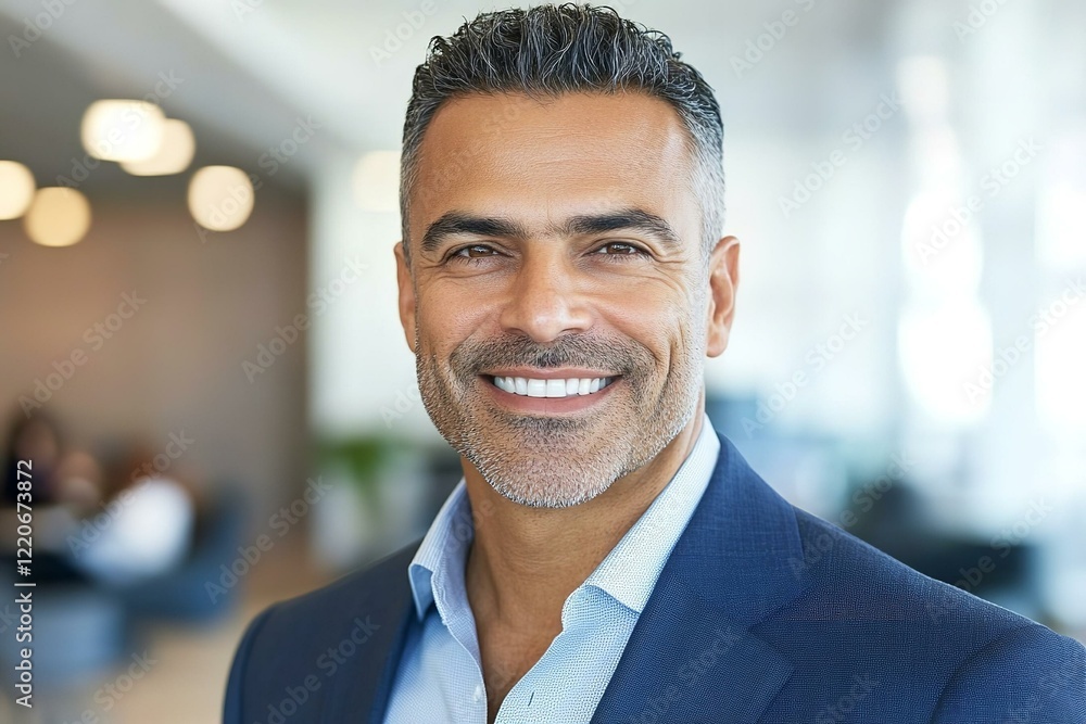 Fototapeta premium Headshot close up portrait of indian or latin confident mature good looking middle age leader ceo male businessman on blur office background.