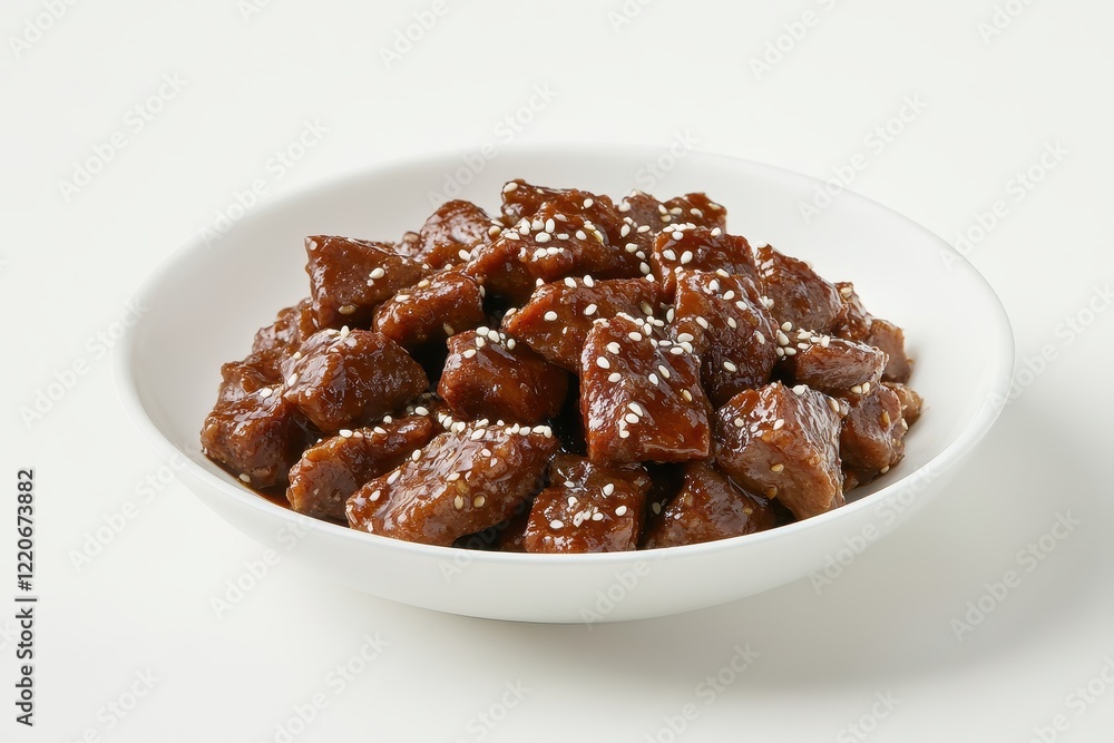 Savory Bulgogi with Sesame Seeds on White Plate Savory Bulgogi with Sesame Seeds on White Plate