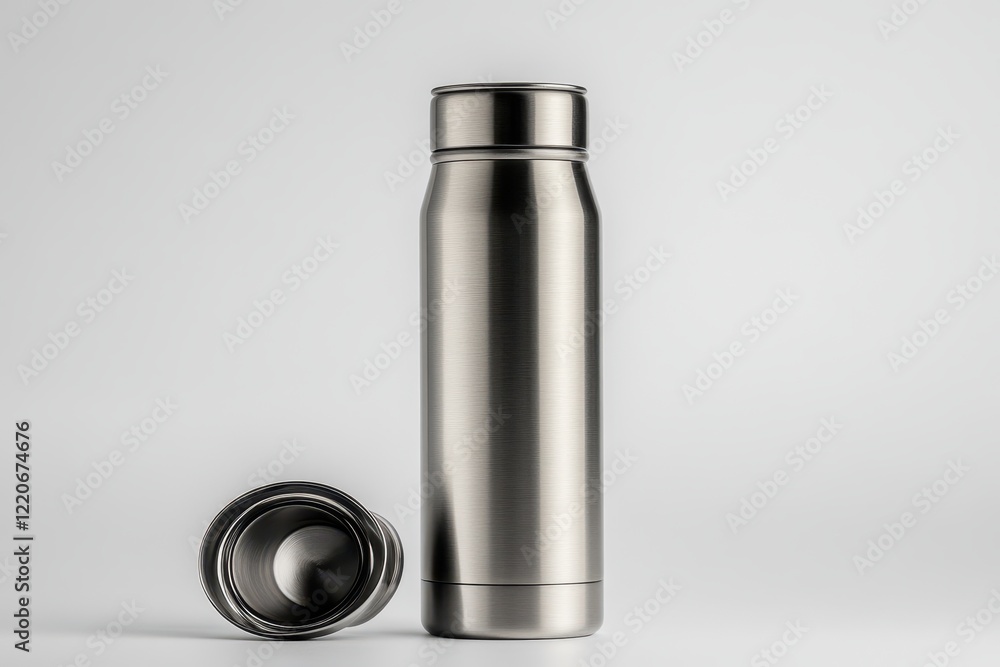 Sleek Stainless Steel Flask on Plain Background Sleek Stainless Steel Flask on Plain Background