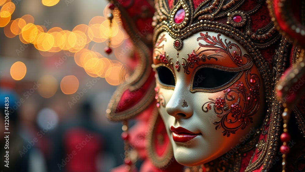 Ornate venetian mask with intricate red and gold details at festive carnival Ornate venetian mask with intricate red and gold details at festive carnival