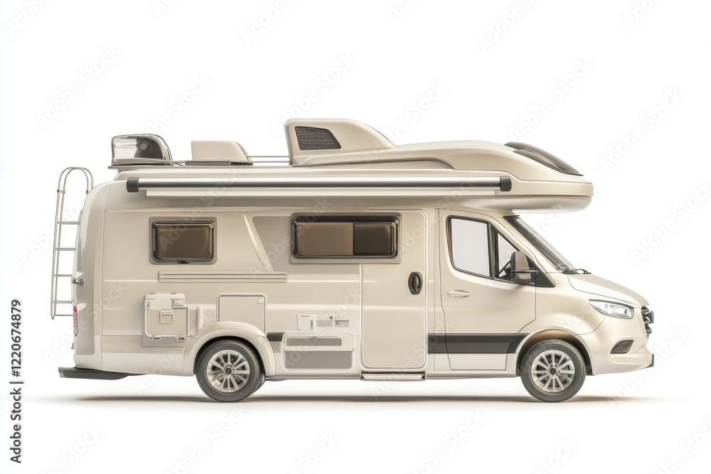 Obraz premium Silver Metallic Camper Van With Rooftop Storage and Retractable Awning Perfect for Outdoor Adventures