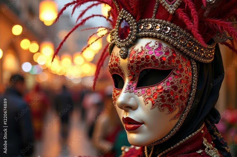 Venetian carnival mask with intricate red design in european street at night Venetian carnival mask with intricate red design in european street at night