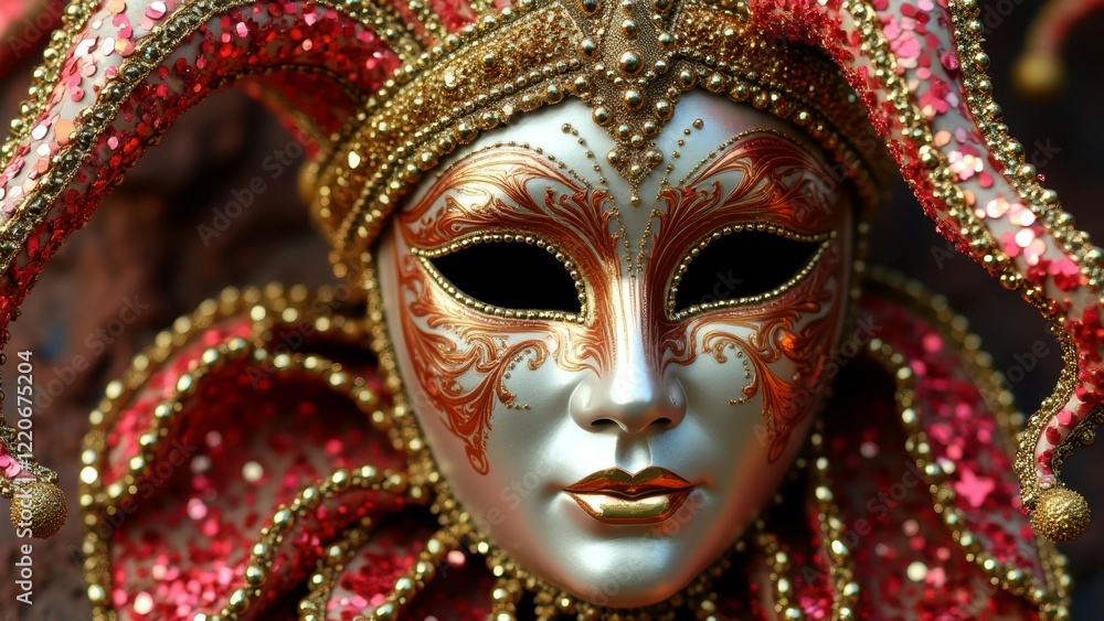 Intricate red and gold venetian carnival mask with decorative beading and sequins Intricate red and gold venetian carnival mask with decorative beading and sequins