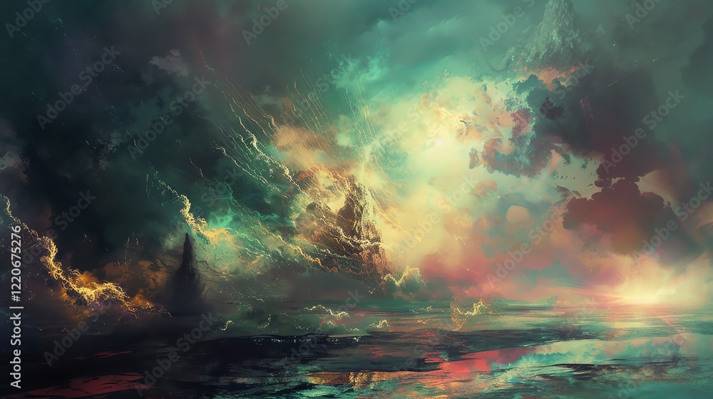 Fototapeta premium Mystical landscape with a stormy sky and a large body of water. The water is dark and choppy, and the sky is lit up with a bright light.