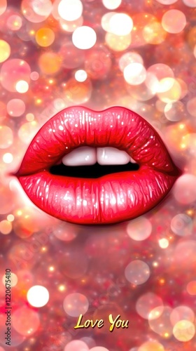 I love you text and red kissing lips close up
