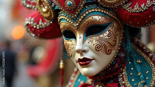 Wallpaper Mural Intricate venetian carnival mask close-up with red and gold embellishments Torontodigital.ca