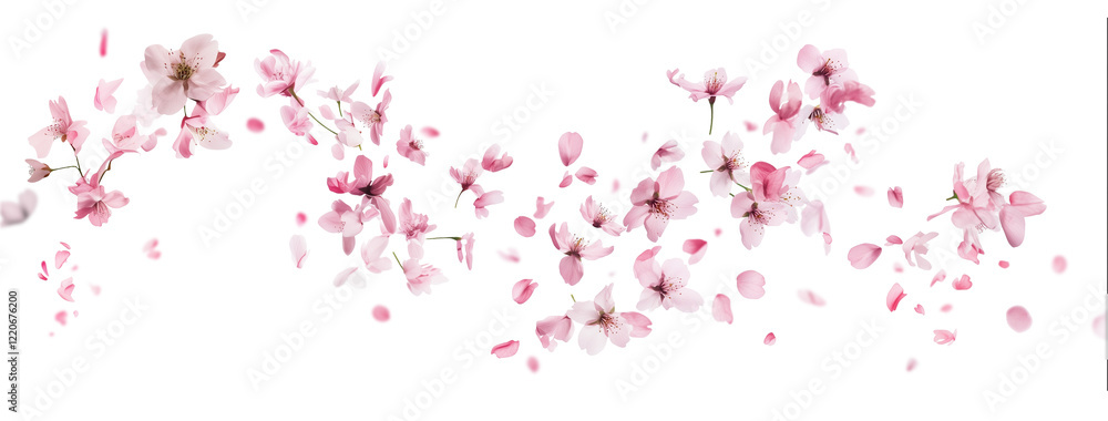 Pink cherry blossoms petals blowing in the air. Natural flow movement isolated on against transparent background. Pink cherry blossoms petals blowing in the air. Natural flow movement isolated on against transparent background.