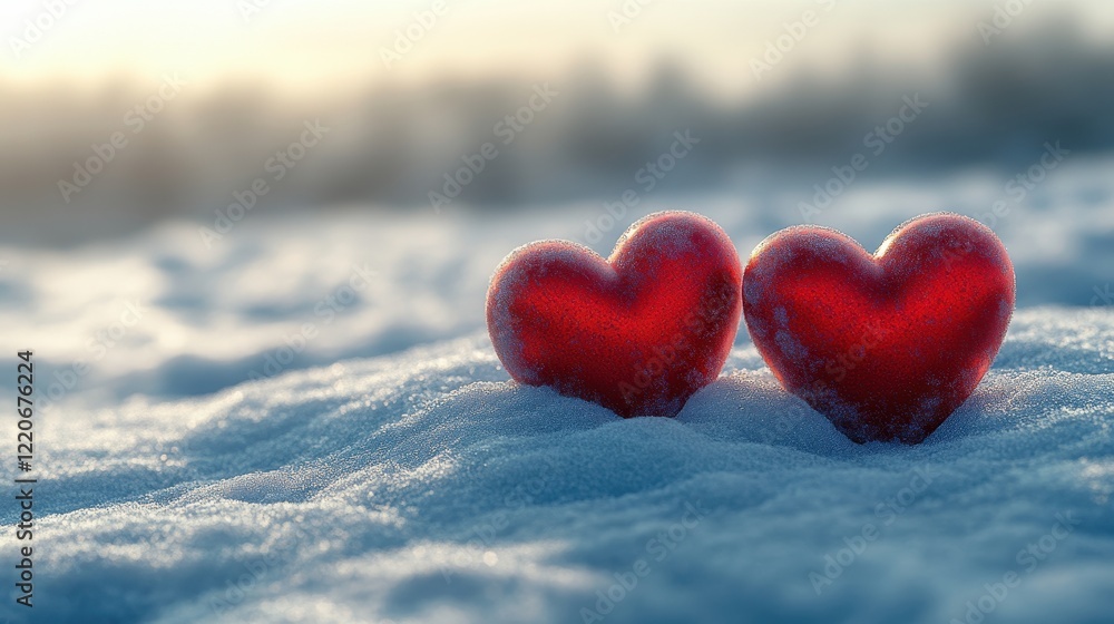 Fototapeta premium Romantic winter scene with two red hearts on snowy landscape