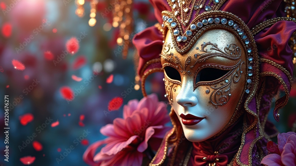 Venetian mask with intricate gold detailing in vibrant carnival atmosphere Venetian mask with intricate gold detailing in vibrant carnival atmosphere