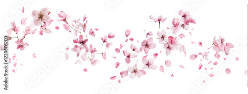 Pink cherry blossoms petals blowing in the air. Natural flow movement isolated on against transparent background.