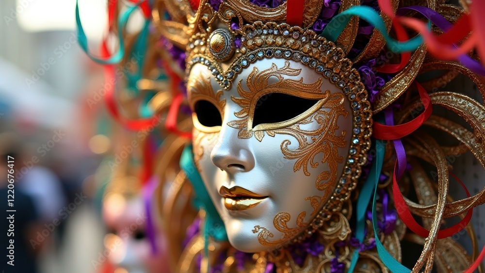 Fototapeta premium Ornate venetian carnival mask with gold details and colorful ribbons