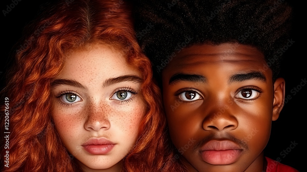 A striking close-up portrait juxtaposes the faces of a young girl with vibrant red hair and freckles and a young boy with dark skin and dark hair, their gazes meeting directly. A striking close-up portrait juxtaposes the faces of a young girl with vibrant red hair and freckles and a young boy with dark skin and dark hair, their gazes meeting directly.
