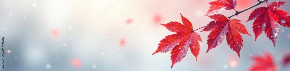 Frosty crimson leaves float gently on soft white background, soft bokeh, autumnal, frosty autumn leaves Frosty crimson leaves float gently on soft white background, soft bokeh, autumnal, frosty autumn leaves