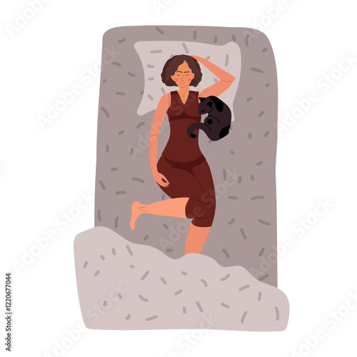 Girl sleeping peacefully in her bed. Girl resting with cat. Hostess resting with her beloved pet. Comfort and coziness in apartment or room. Have good dream. Cartoon Vector illustration in Flat style
