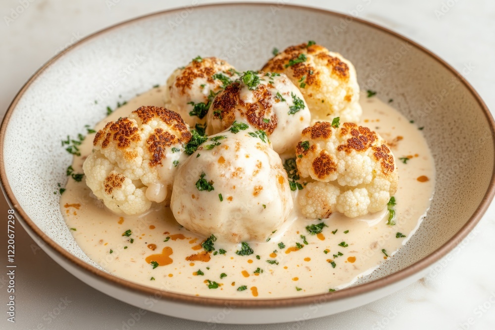Sous Vide Cauliflower Florets Seasoned Perfectly With Tahini Sauce on a Modern Plate Presenting Appealing Culinary Artistry Sous Vide Cauliflower Florets Seasoned Perfectly With Tahini Sauce on a Modern Plate Presenting Appealing Culinary Artistry