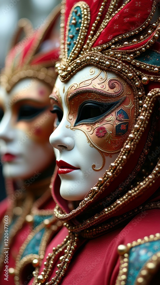 Fototapeta premium Intricate venetian masks with red and gold details at carnival event