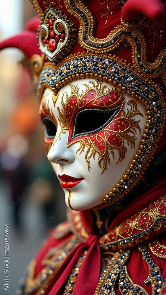 Intricate venetian carnival mask with red and gold details on caucasian female Intricate venetian carnival mask with red and gold details on caucasian female