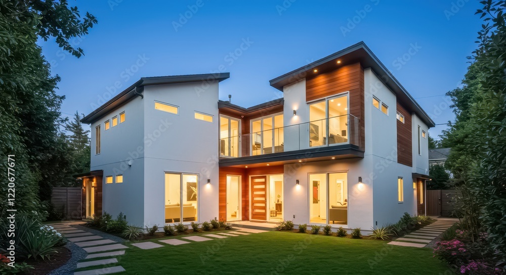 A sleek modern two story home surrounded by greenery and designed with sharp geometric lines A sleek modern two story home surrounded by greenery and designed with sharp geometric lines