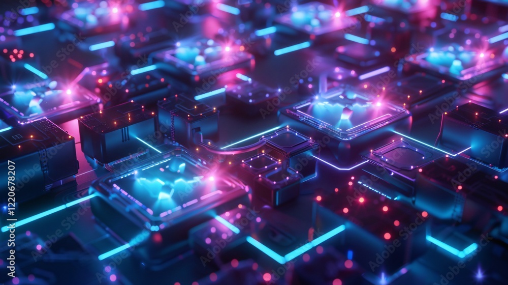 vibrant and futuristic 3D visualization of blockchain technology, featuring glowing interconnected cubes and digital grids in neon blue and pink hues vibrant and futuristic 3D visualization of blockchain technology, featuring glowing interconnected cubes and digital grids in neon blue and pink hues