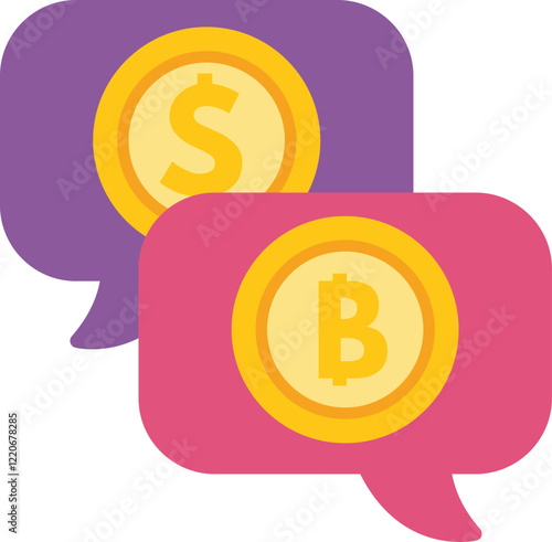 Speech bubbles containing a bitcoin symbol and a dollar symbol representing cryptocurrency exchange