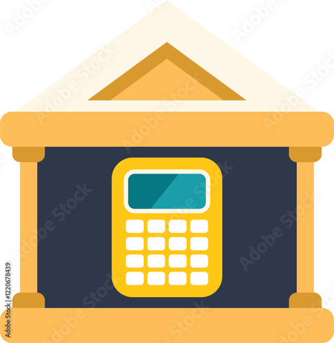This vector illustration features a bank building facade with a calculator, representing financial services and economic growth