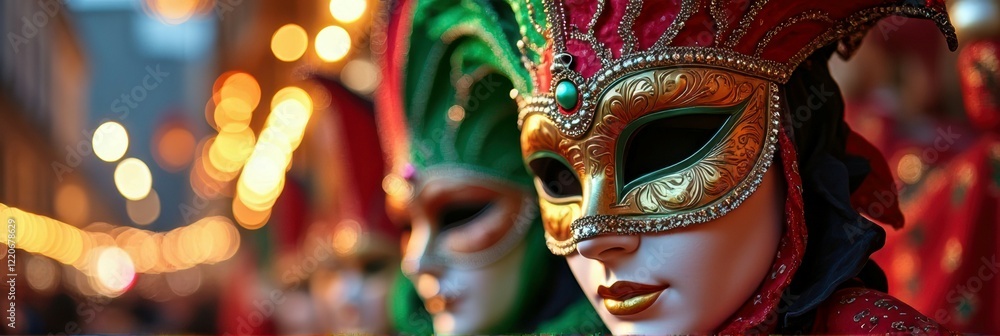 Colorful venetian masks at nighttime carnival with bokeh lights in background Colorful venetian masks at nighttime carnival with bokeh lights in background