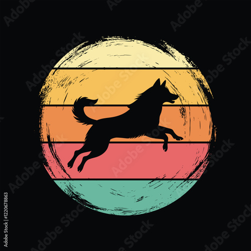 Alaskan Malamute Dog Silhouette with Retro Sunset Background
