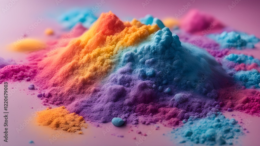 Fototapeta premium Abstract close-up of vibrant rainbow-colored powder forming textured peaks and valleys.
