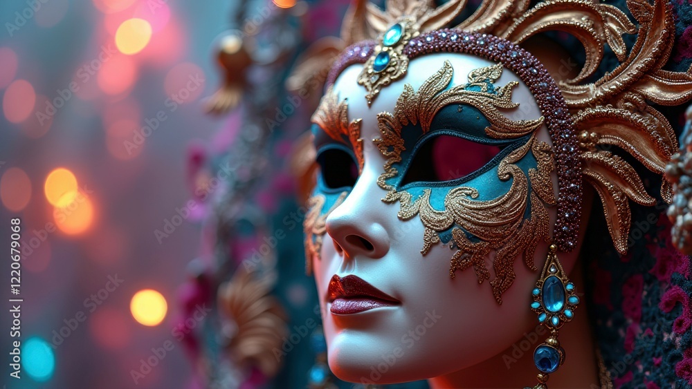 Venetian mask adorned with intricate gold and jewel accents at colorful masquerade Venetian mask adorned with intricate gold and jewel accents at colorful masquerade