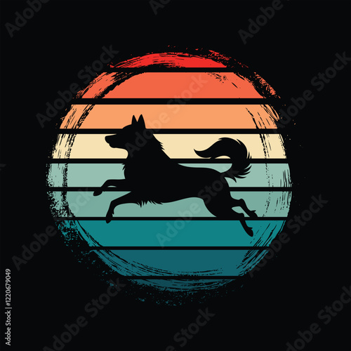 Alaskan Malamute Dog Silhouette with Retro Sunset Background
