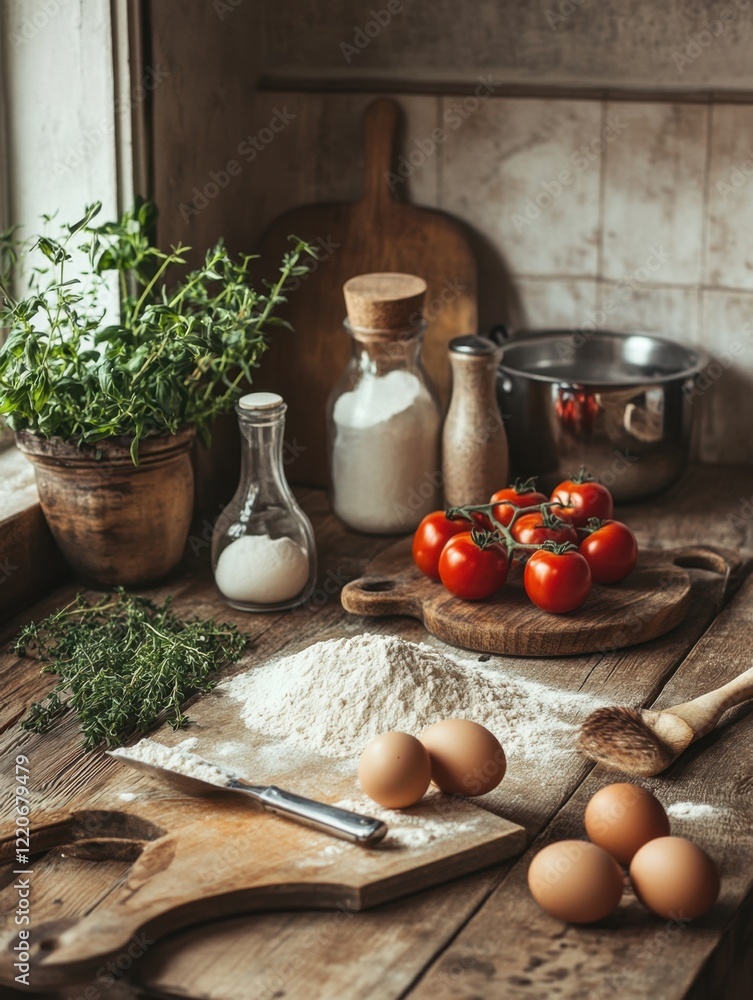 Fototapeta premium Rustic farmhouse kitchen with fresh ingredients laid out on a wooden table, flour, eggs, tomatoes, and herbs, warm inviting atmosphere
