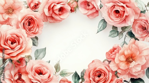 Elegant frame of watercolor salmon pink roses with green leaves for romantic designs