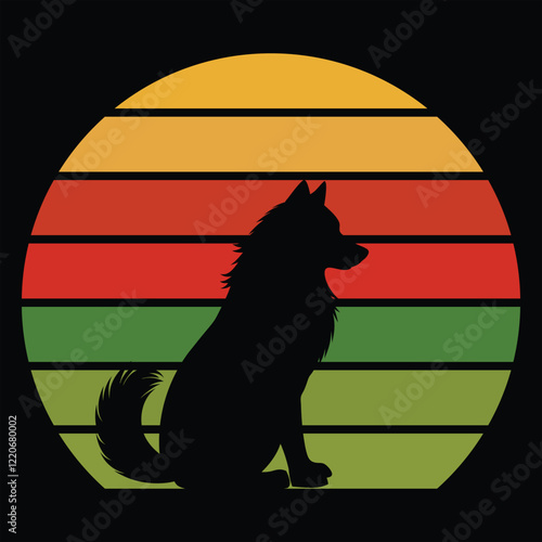 Retro Alaskan Malamute Silhouette with Vintage Sunset Vector
