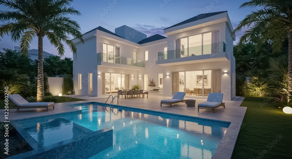 Fototapeta premium A luxurious modern villa with a large swimming pool in the backyard surrounded by a beautifully landscaped garden