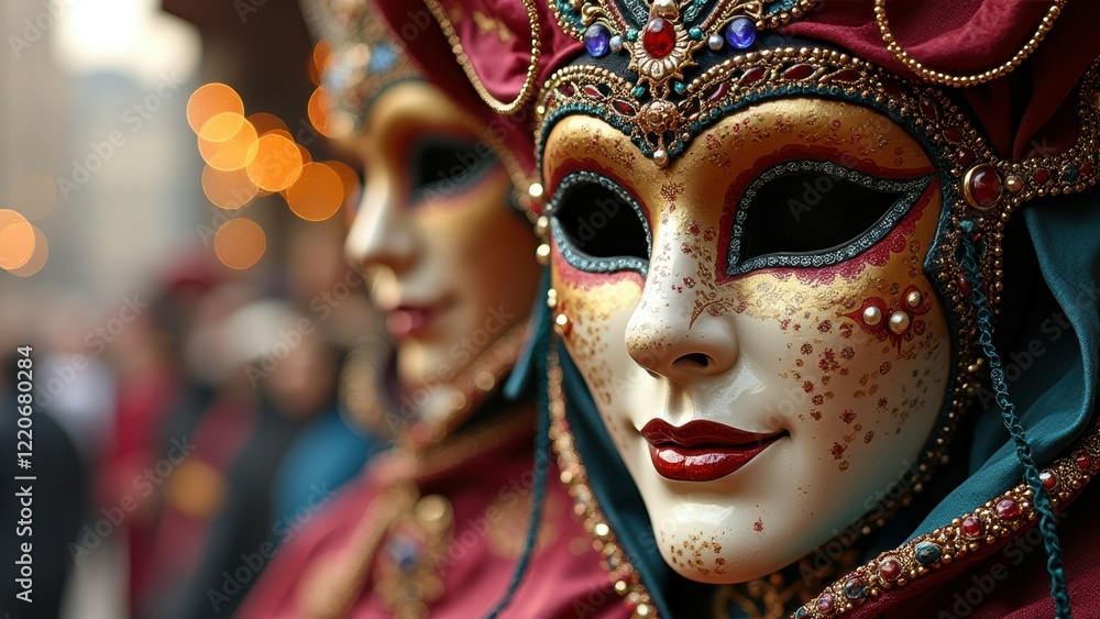 Intricate venetian carnival masks with rich ornamental designs in festive atmosphere Intricate venetian carnival masks with rich ornamental designs in festive atmosphere