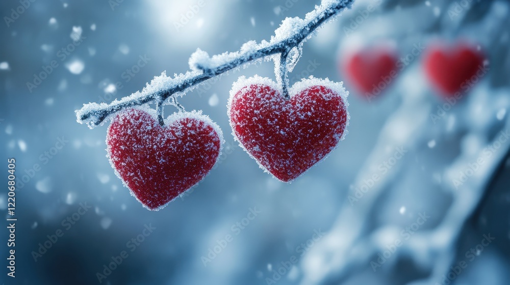 Fototapeta premium Red hearts on snowy tree branch in winter for holiday decoration