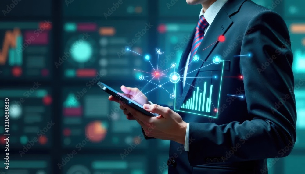 Create a futuristic 3D render of a businessperson holding a tablet displaying a customizable digital dashboard, with interconnected networks and data streams swirling around them. Create a futuristic 3D render of a businessperson holding a tablet displaying a customizable digital dashboard, with interconnected networks and data streams swirling around them.