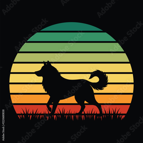 Retro Alaskan Malamute Silhouette with Vintage Sunset Vector
