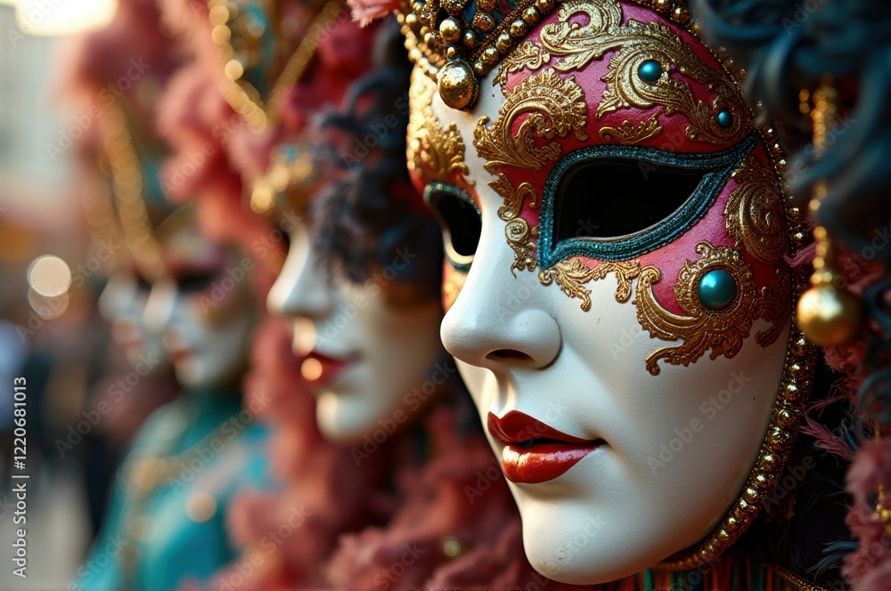 Elegant venetian masks: intricate gold and red designs at a festival Elegant venetian masks: intricate gold and red designs at a festival