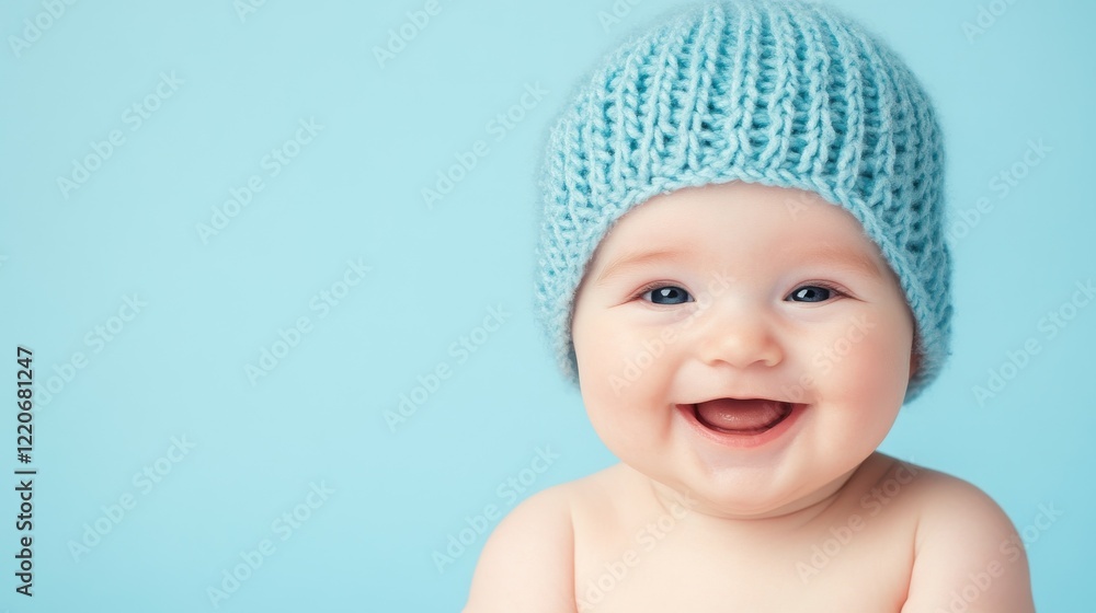 A smiling baby wearing a blue knitted hat against a light blue background. A smiling baby wearing a blue knitted hat against a light blue background.