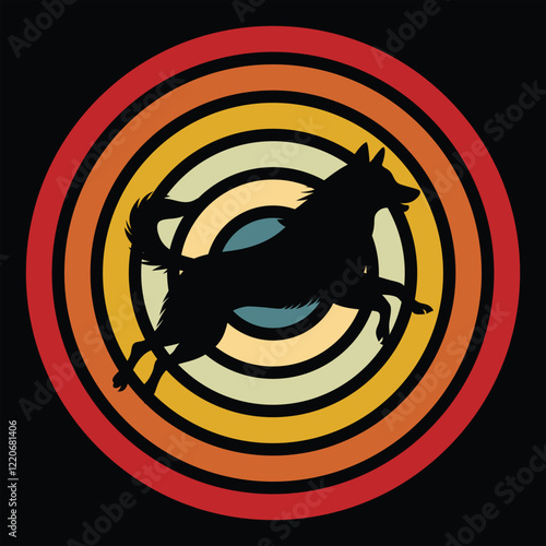 Alaskan Malamute Silhouette in Retro Sunset Illustration
