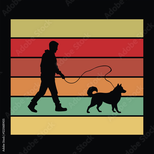 Alaskan Malamute Silhouette in Retro Sunset Illustration

