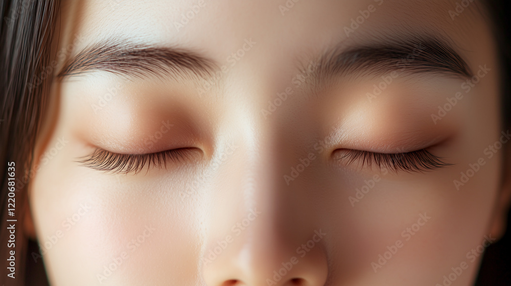 Obraz premium 目を閉じているアジア人女性モデルを正面から撮影。美肌とナチュラルメイクが魅力の美容ポートレート。