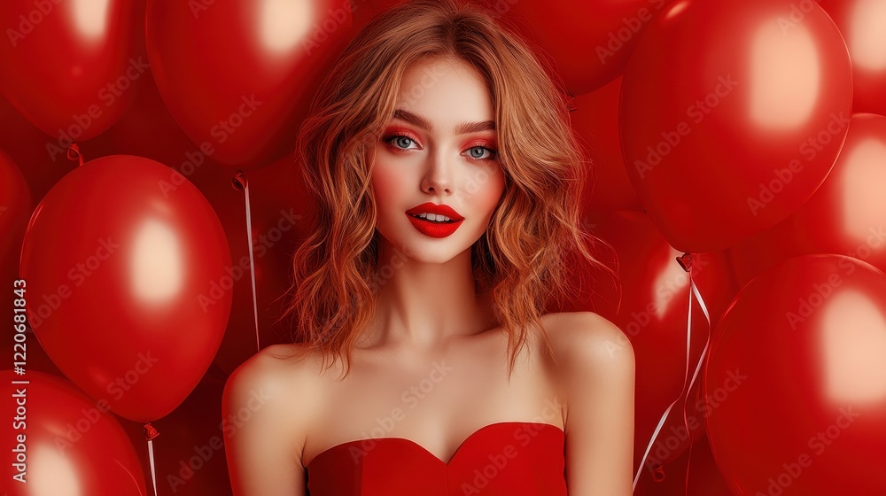 Young woman in red dress holding balloons for a surprise celebration theme Young woman in red dress holding balloons for a surprise celebration theme