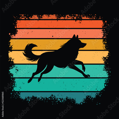 Alaskan Malamute Silhouette Set Against Vintage Sunset Backdrop
