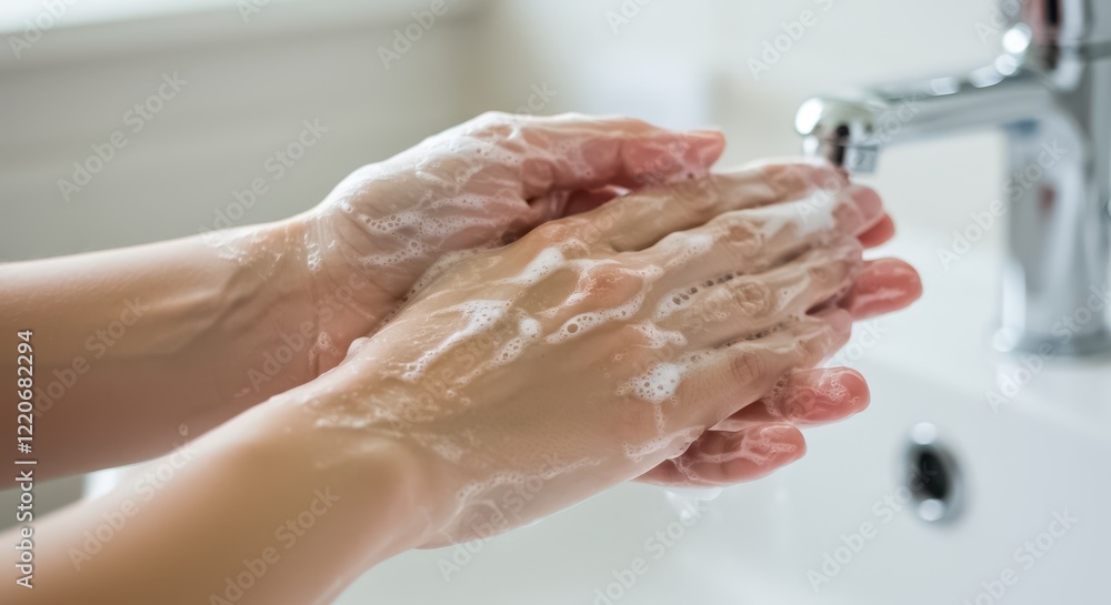 Fototapeta premium A close-up shot of hands lathered with foamy soap under bright soft lighting showcasing a clean white basin