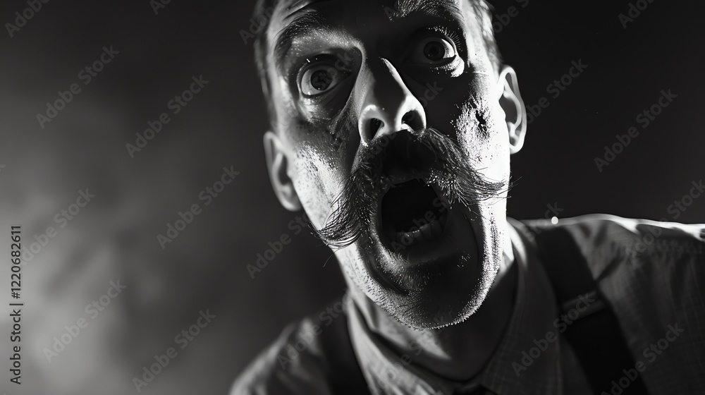 This is a black and white photo of a man with a mustache and a surprised expression on his face. He is wearing a white shirt and suspenders. This is a black and white photo of a man with a mustache and a surprised expression on his face. He is wearing a white shirt and suspenders.