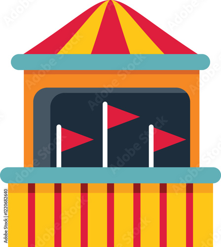 Shooting gallery booth at the amusement park with red flags on a black background and a yellow and red striped awning