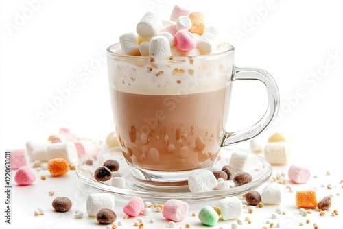 A glass of coffee with cream, marshmallows, and candies on a white background. Isolated stock photo, contest winner, commercial photography, stock photo, photography photo