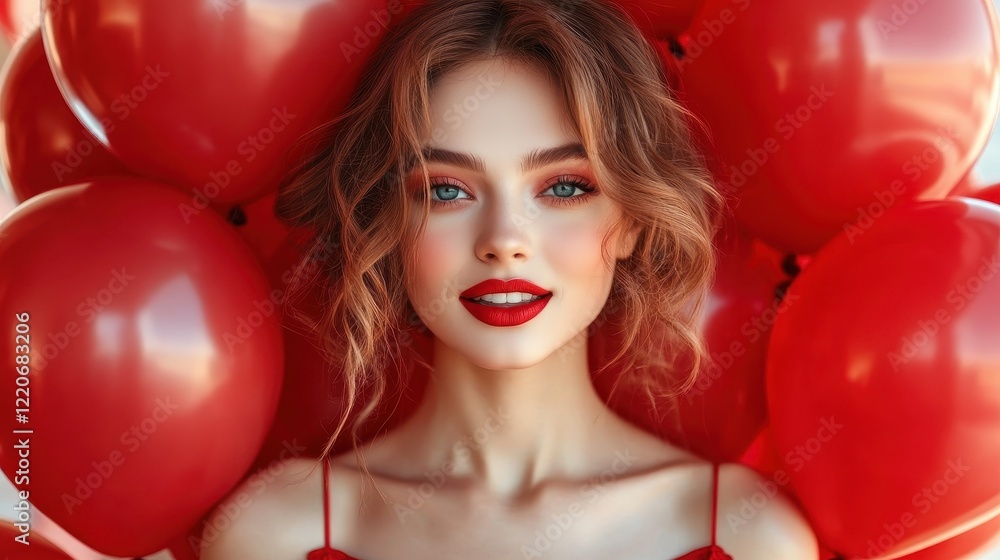 Joyful young woman with red balloons celebrates special occasion Joyful young woman with red balloons celebrates special occasion